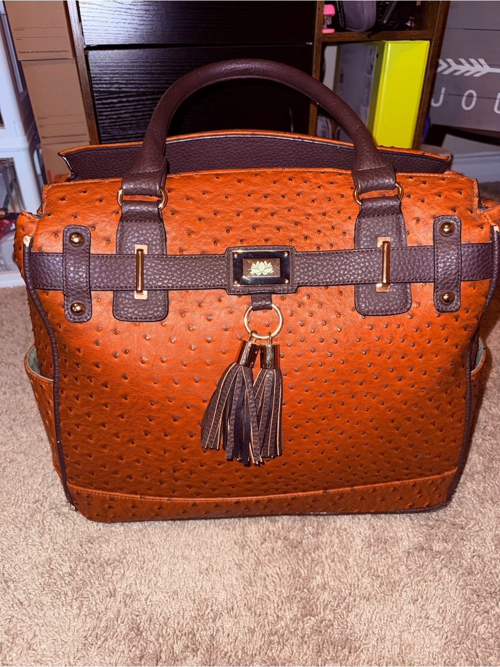Brown Textured Tote Bag with Tassel Accent
